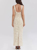 Elegant Floral Applique Deep V Neck Gown Dress