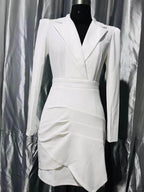 Classic Irregular Pleated Slim-Fit Suit Collar Mini Dress (Without Belt)