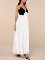 Elegant V-neck Black And White Pleated Maxi Dress