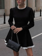 Elegant Lace Panel High Waist Long Sleeve Mini Dress