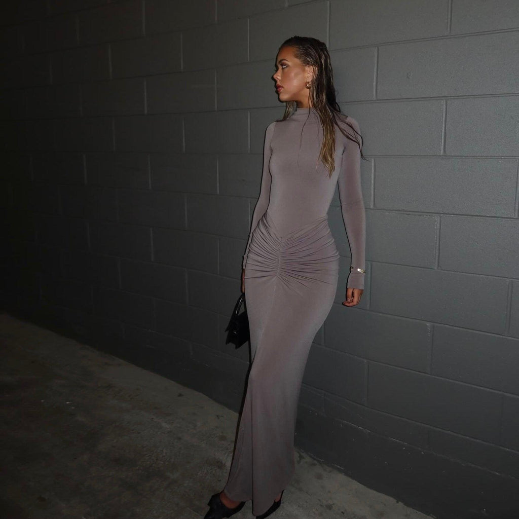 Juliette Gray Draped Long Sleeve Maxi Dress