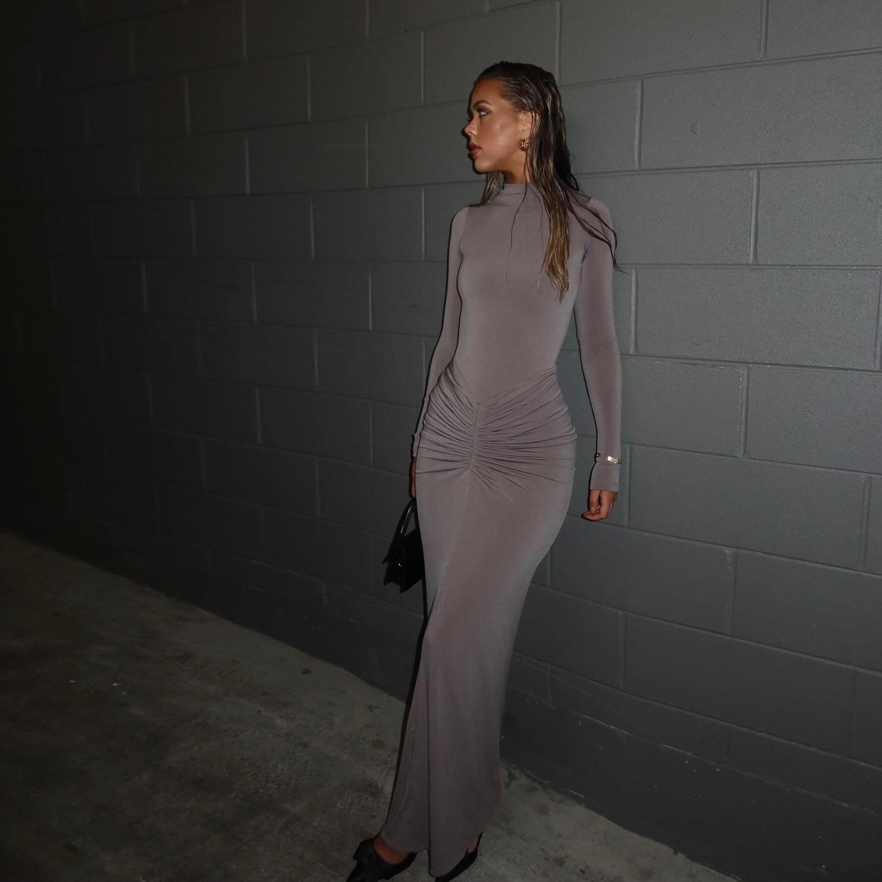 Juliette Gray Draped Long Sleeve Maxi Dress