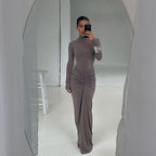 Juliette Gray Draped Long Sleeve Maxi Dress