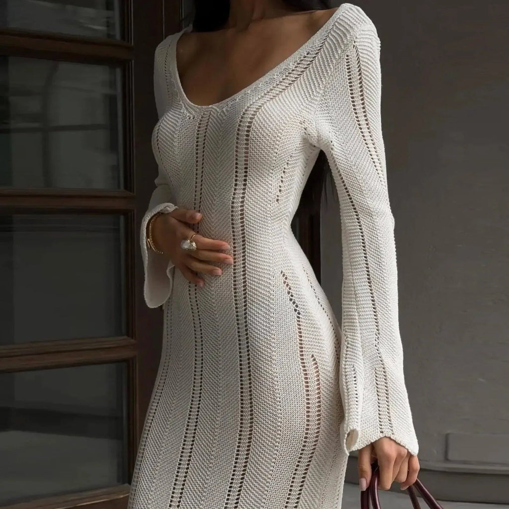 Juno White Knitted Long-Sleeved Maxi Dress