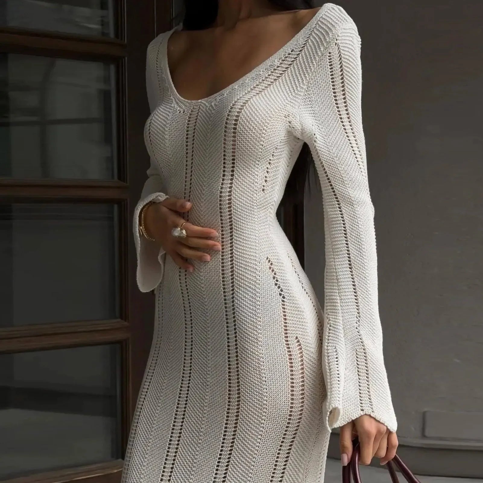 Juno White Knitted Long-Sleeved Maxi Dress