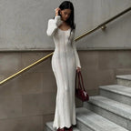 Juno White Knitted Long-Sleeved Maxi Dress