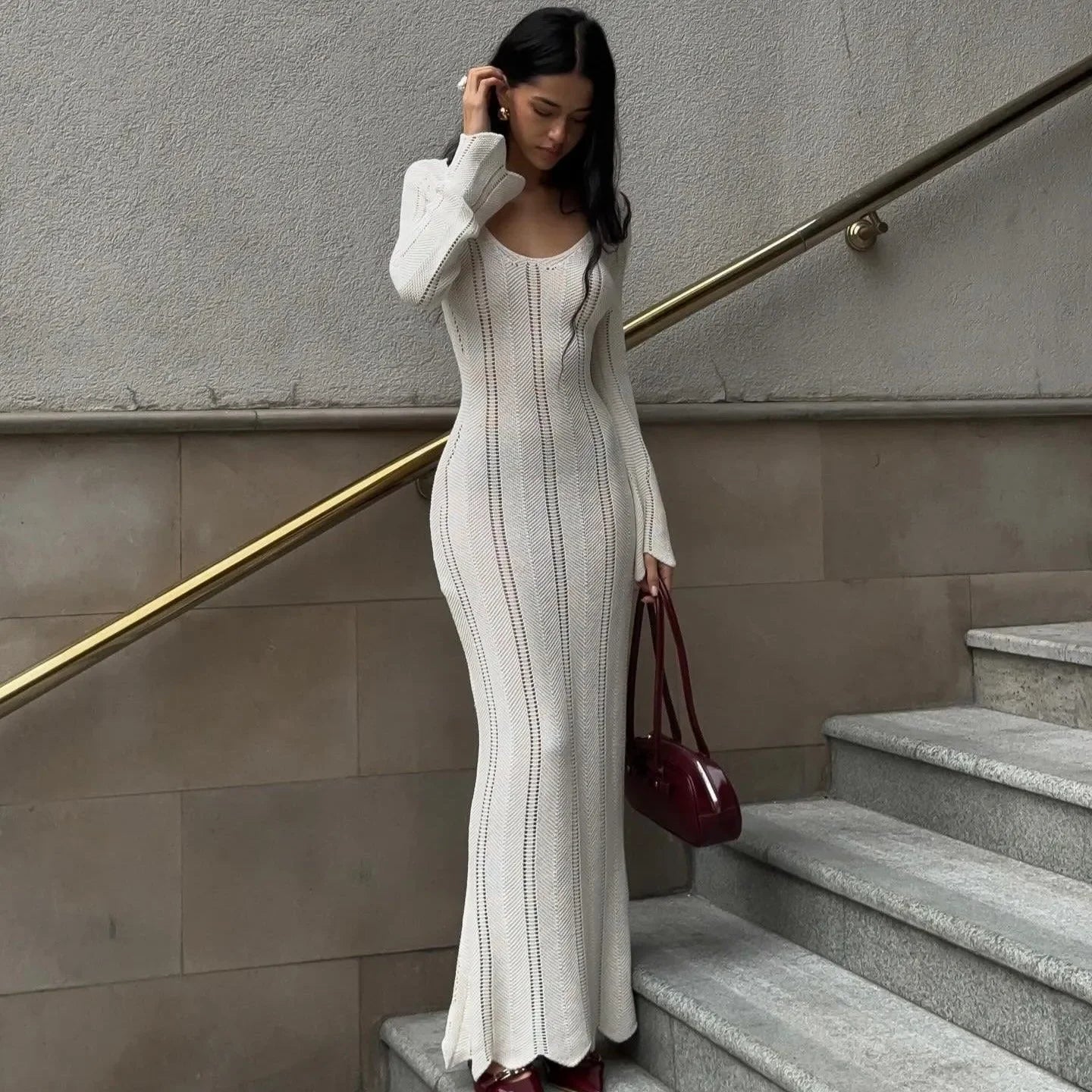 Juno White Knitted Long-Sleeved Maxi Dress
