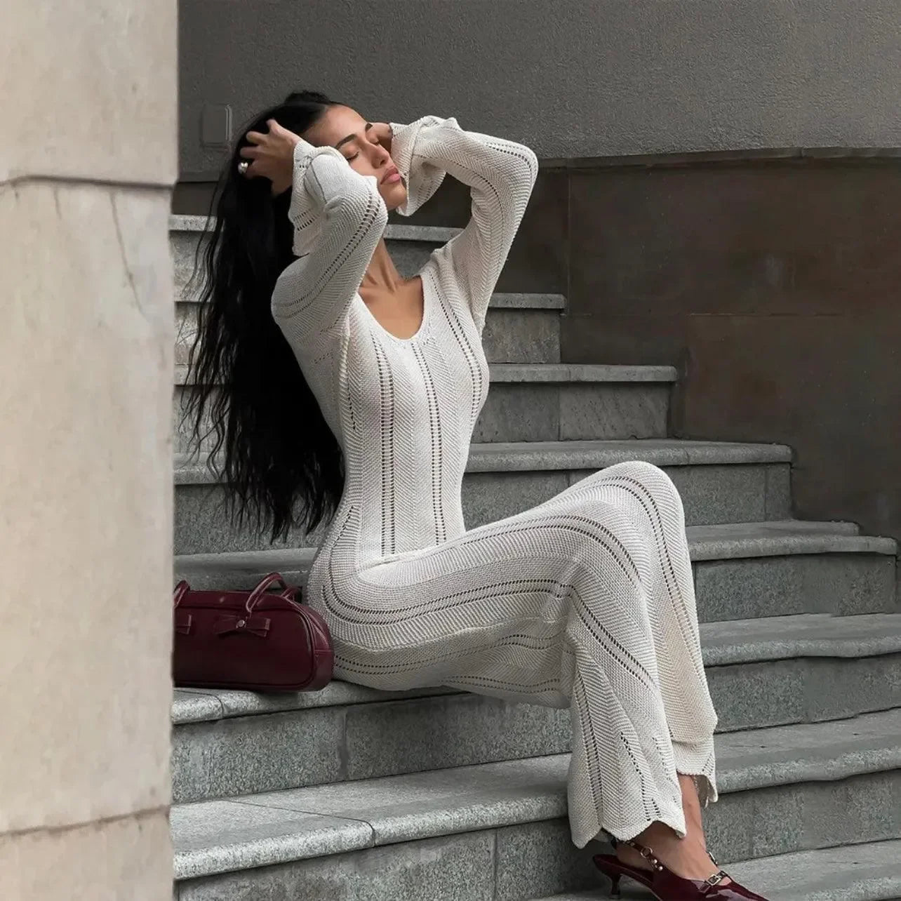 Juno White Knitted Long-Sleeved Maxi Dress