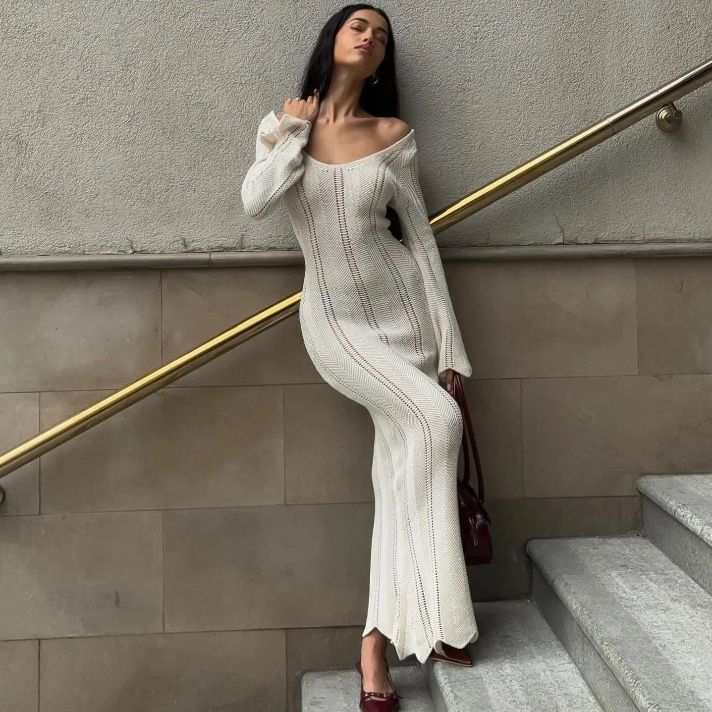 Juno White Knitted Long-Sleeved Maxi Dress
