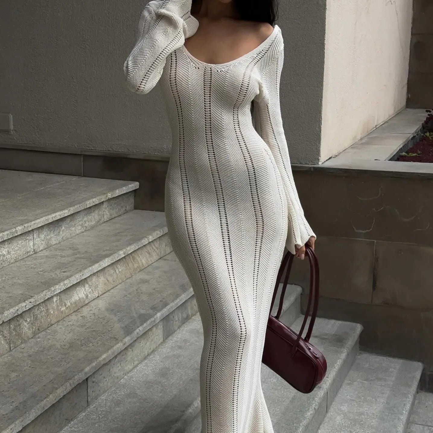 Juno White Knitted Long-Sleeved Maxi Dress