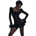 Just Be Friends Fur Trimmed Mesh Mini Dress
