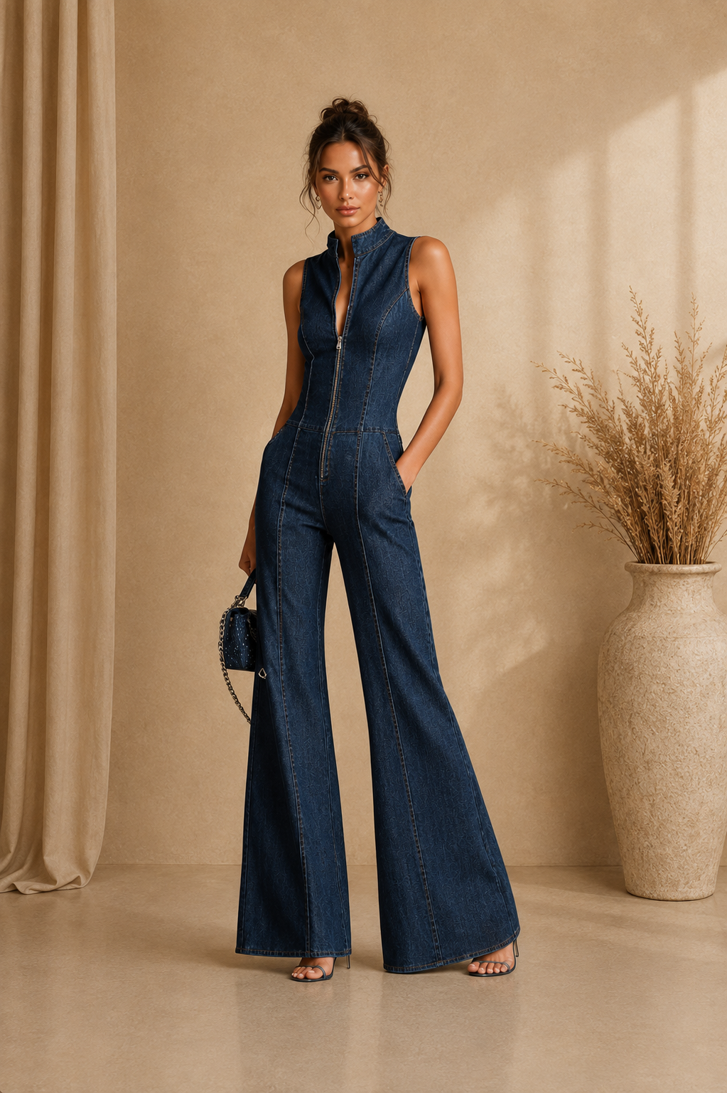 Women's Retro Style Dark Blue Denim Sleeveless High-Neck Flared Jumpsuit With Front Zipper MDZ1239B2BA