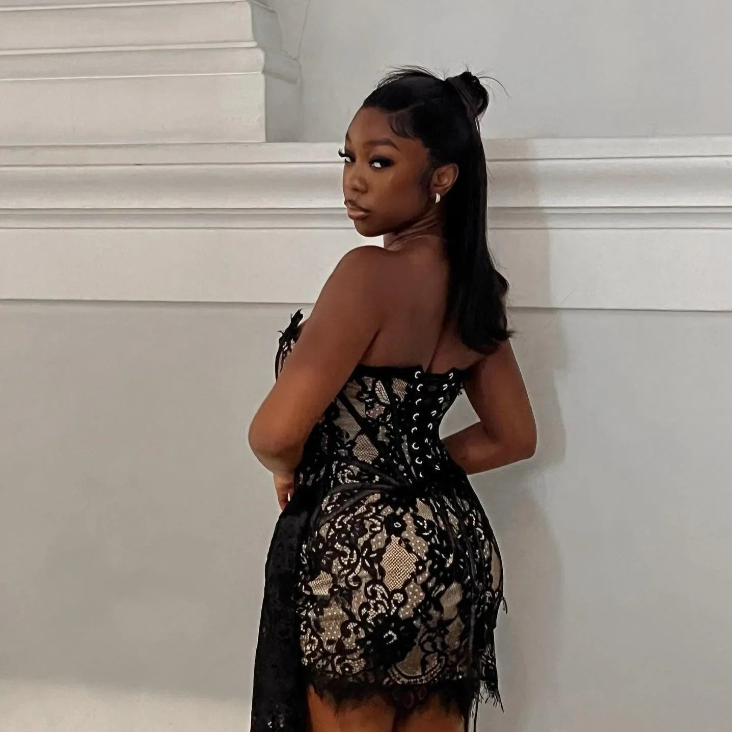 Lace Lure Corset Draped Black Mini Dress