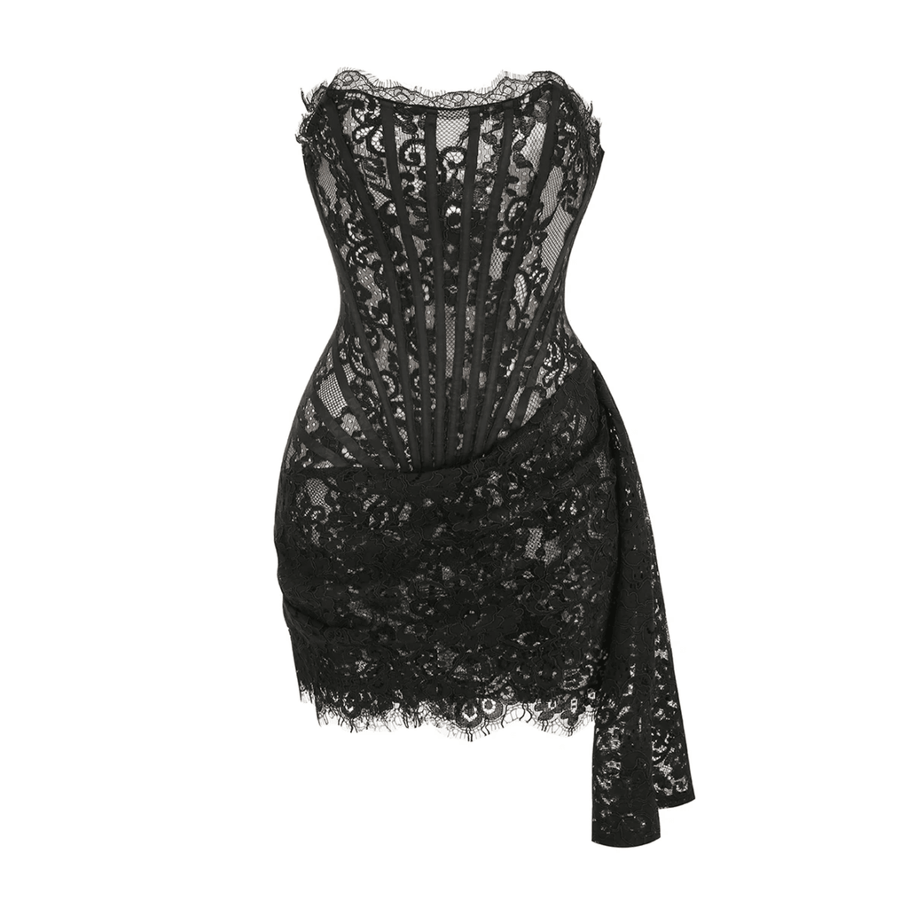 Lace Lure Corset Draped Black Mini Dress