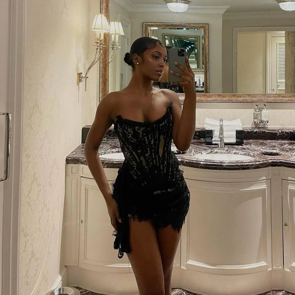 Lace Lure Corset Draped Black Mini Dress