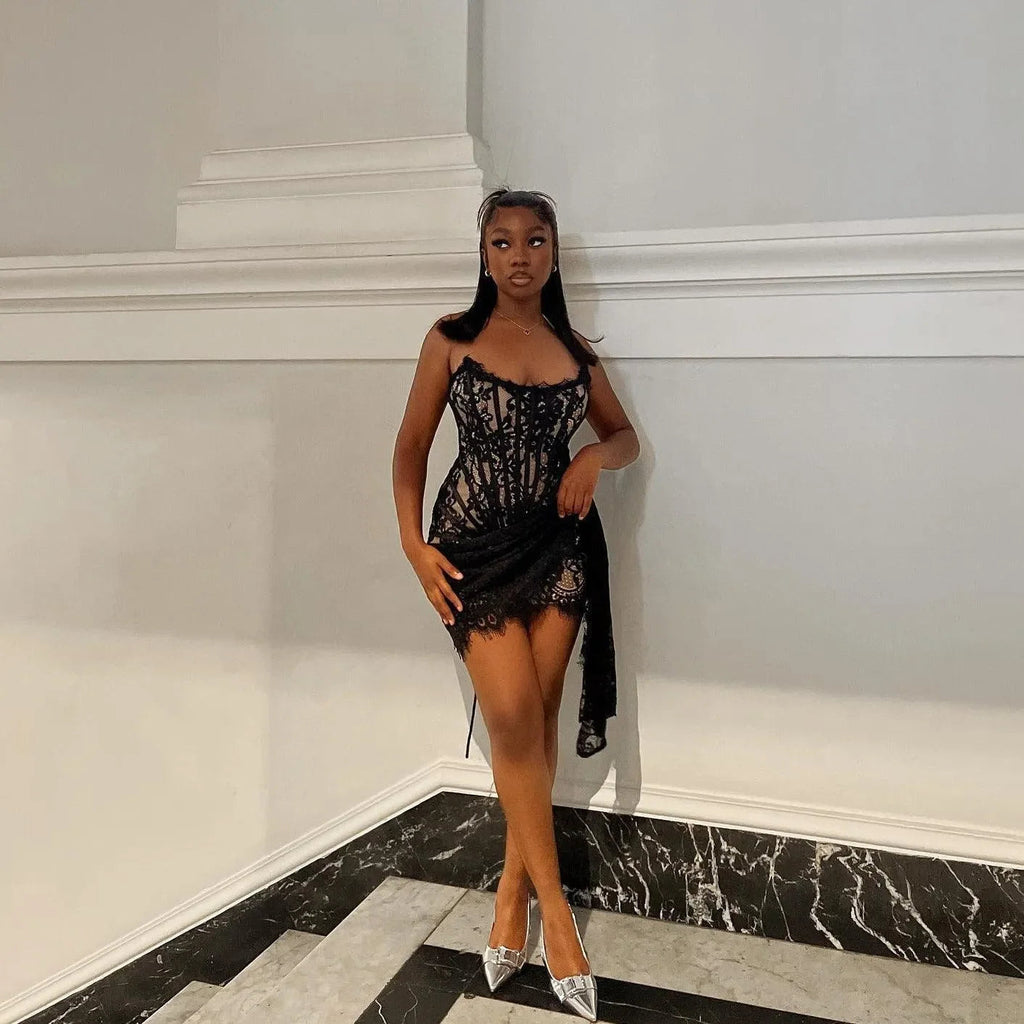 Lace Lure Corset Draped Black Mini Dress