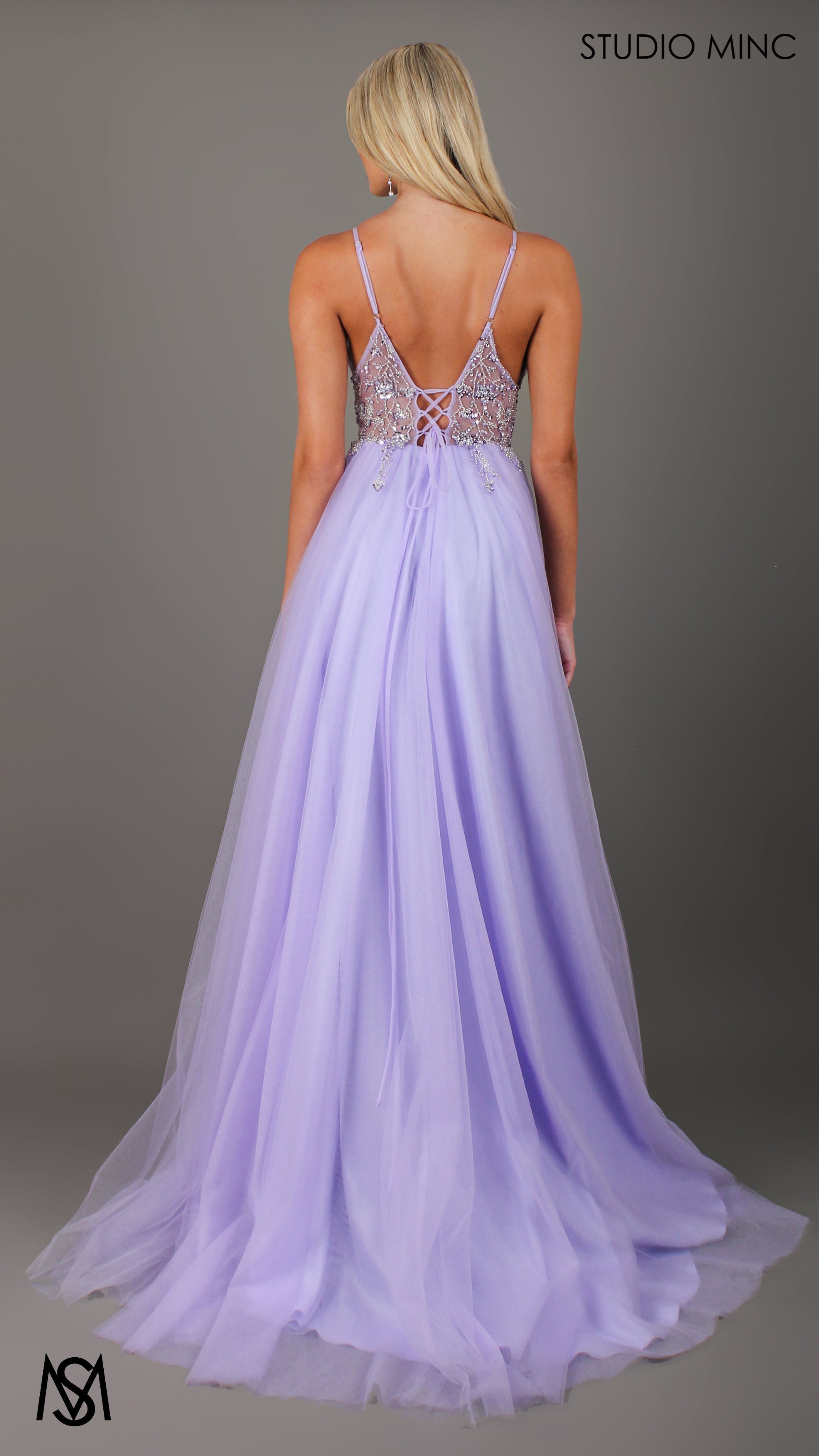 Lila - Lavender Purple Formal dress | Sheer Beaded floral V neckline tulle gown