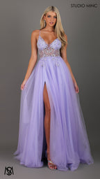 Lila - Lavender Purple Formal dress | Sheer Beaded floral V neckline tulle gown