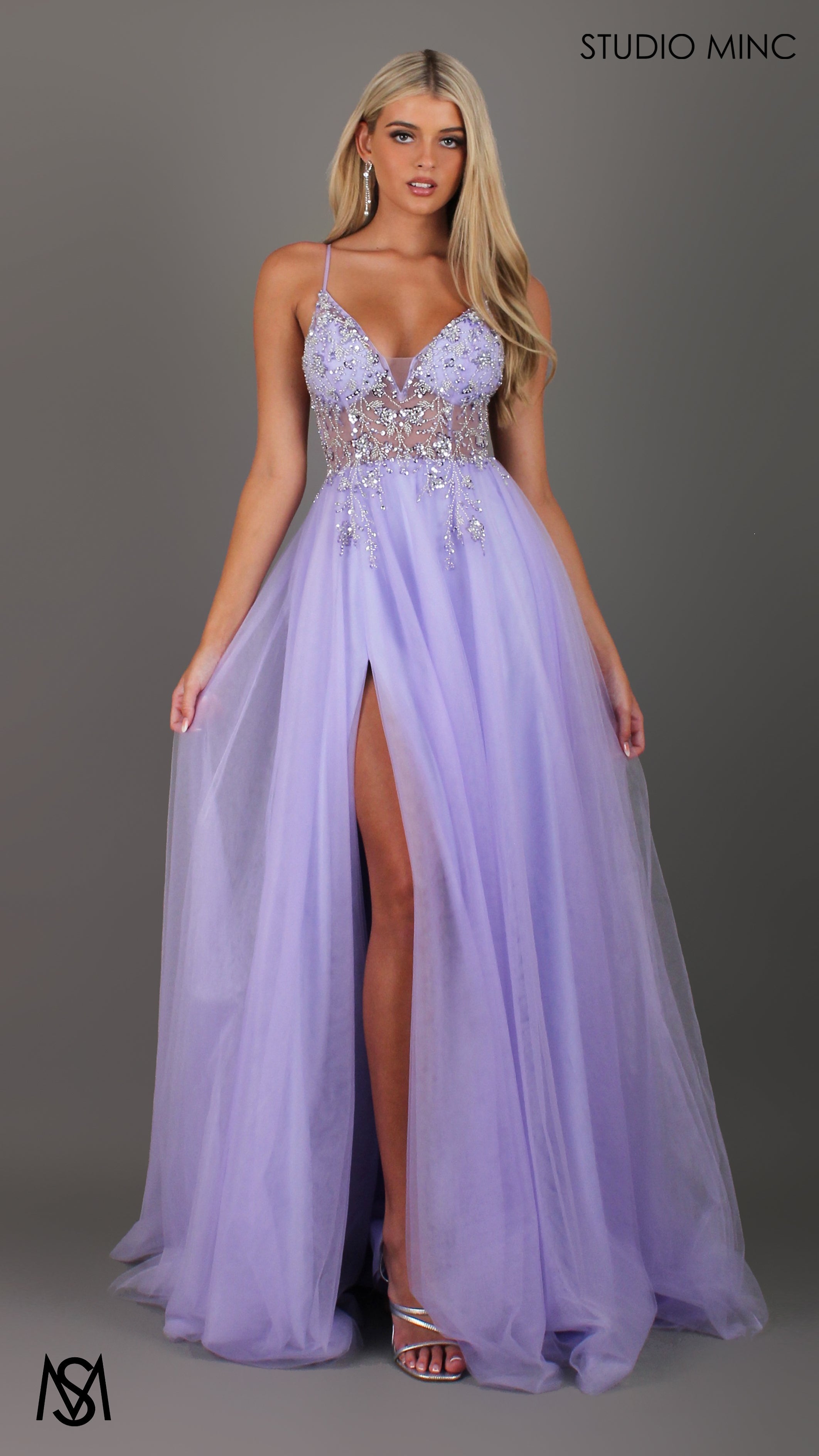 Lila - Lavender Purple Formal dress | Sheer Beaded floral V neckline tulle gown
