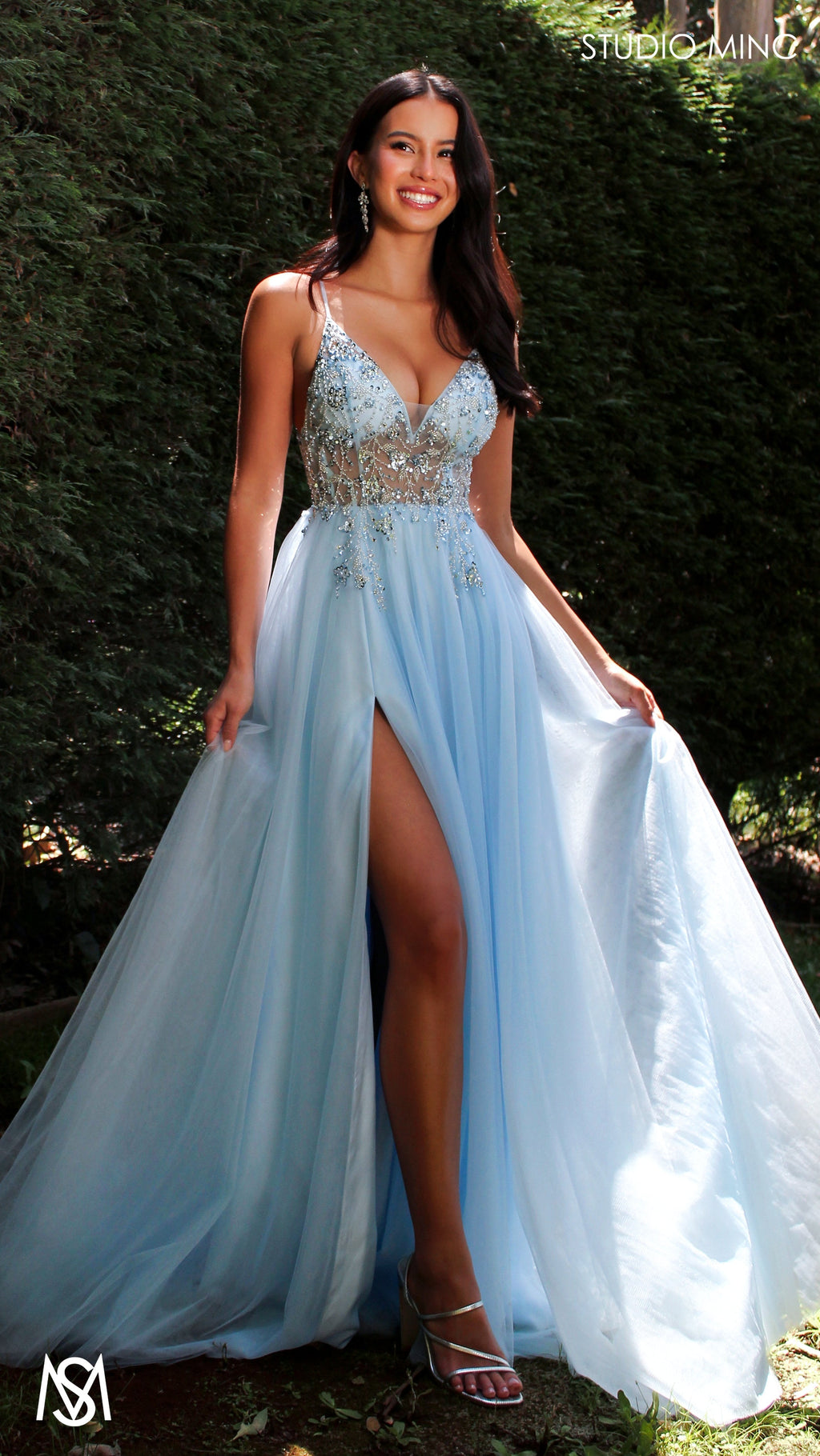 Lila - Light Blue Formal dress | Sheer Beaded floral V neckline tulle gown