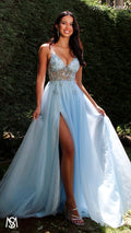 Lila - Light Blue Formal dress | Sheer Beaded floral V neckline tulle gown