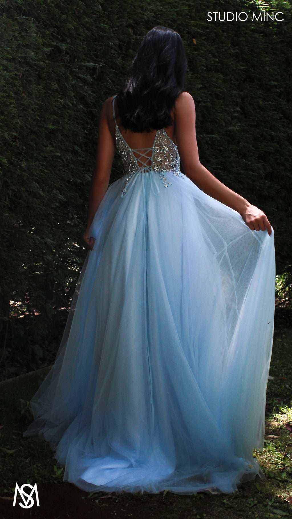 Lila - Light Blue Formal dress | Sheer Beaded floral V neckline tulle gown