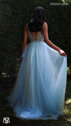 Lila - Light Blue Formal dress | Sheer Beaded floral V neckline tulle gown