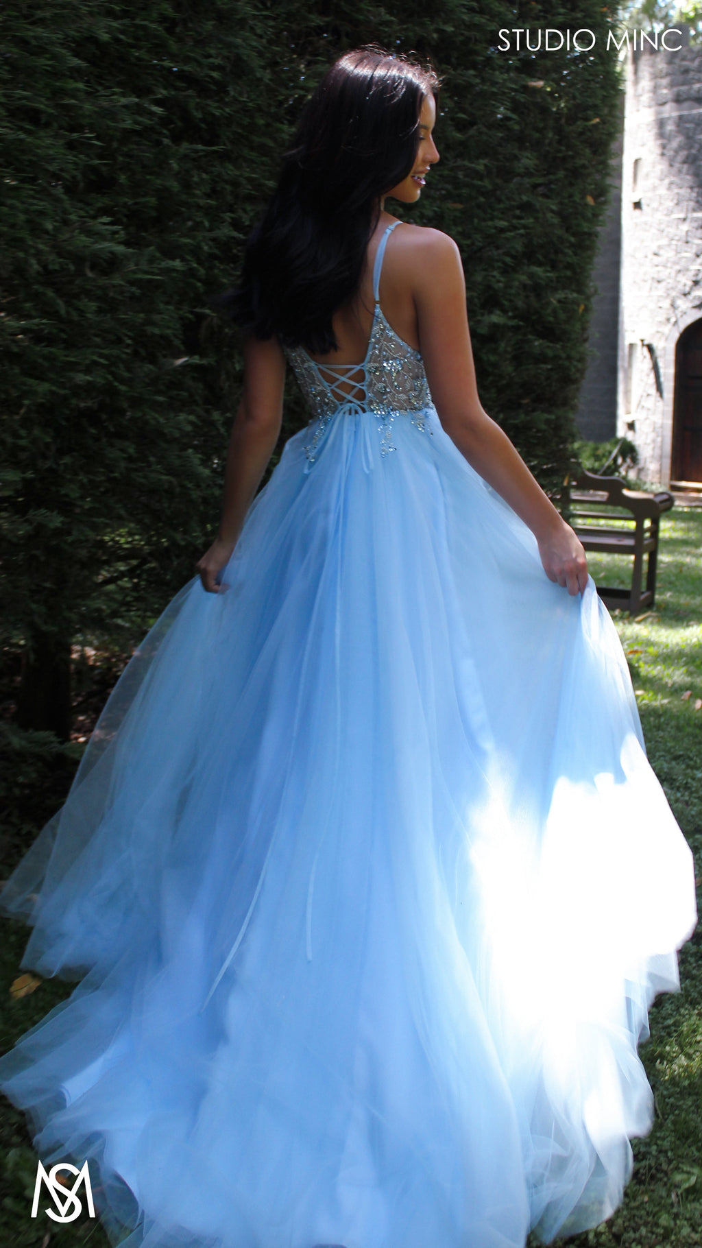 Lila - Light Blue Formal dress | Sheer Beaded floral V neckline tulle gown