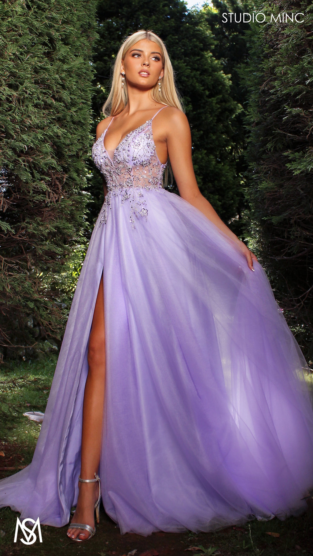 Lila - Lavender Purple Formal dress | Sheer Beaded floral V neckline tulle gown