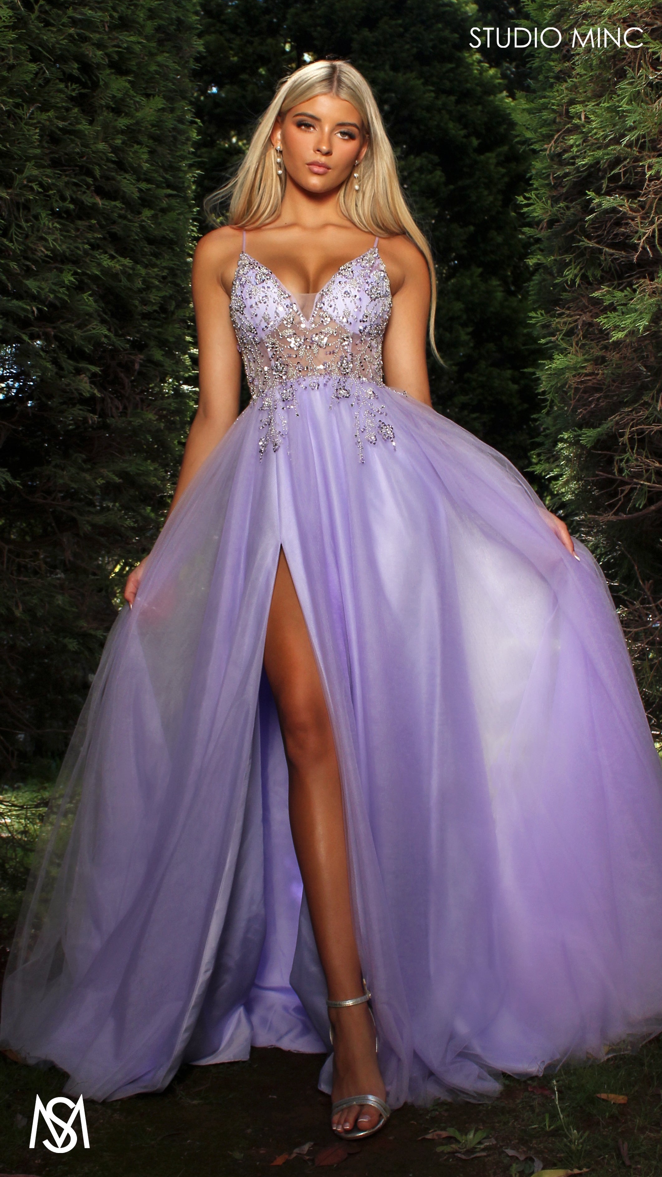 Lila - Lavender Purple Formal dress | Sheer Beaded floral V neckline tulle gown