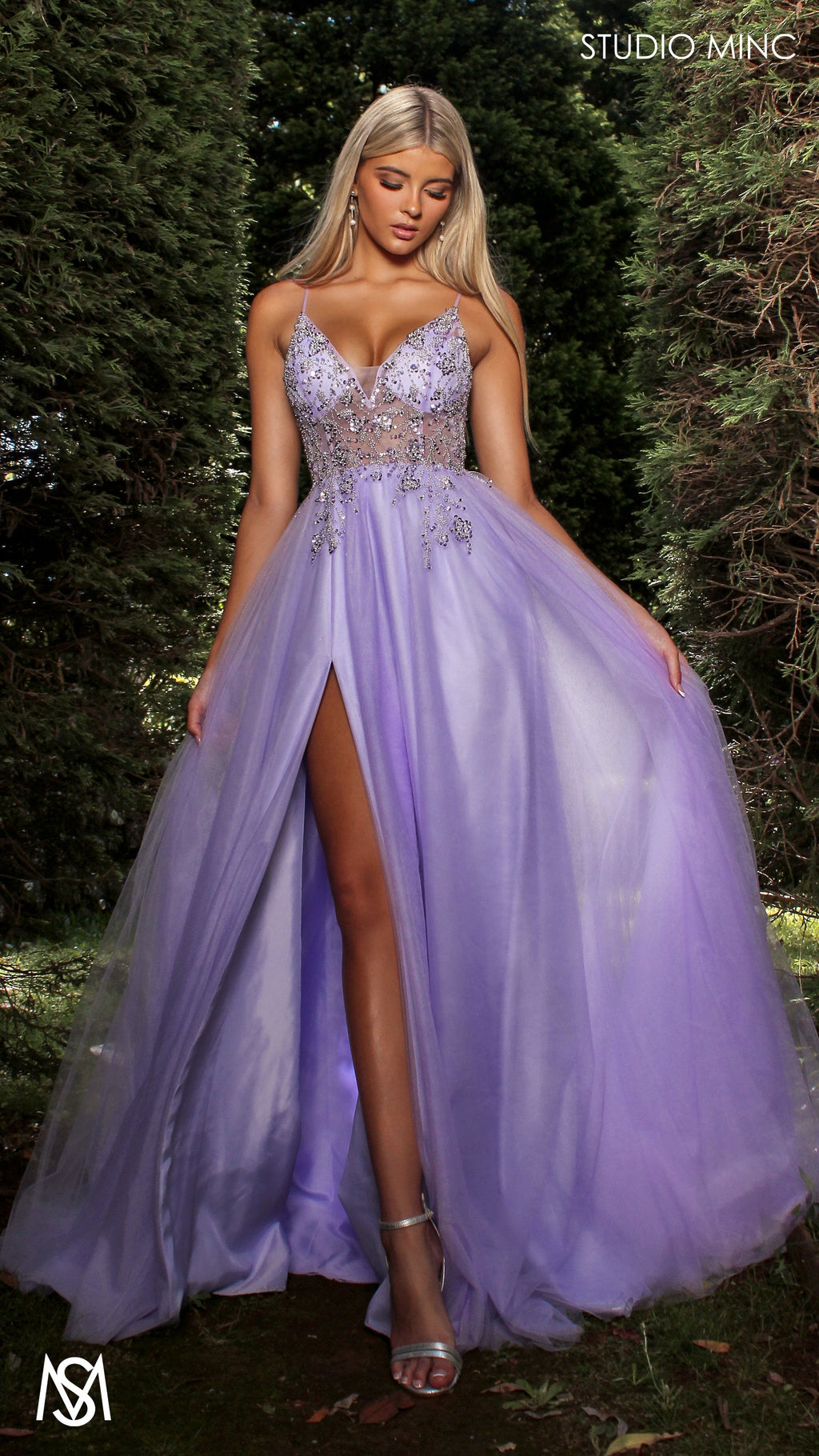 Lila - Lavender Purple Formal dress | Sheer Beaded floral V neckline tulle gown