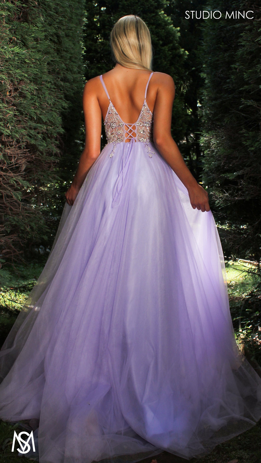 Lila - Lavender Purple Formal dress | Sheer Beaded floral V neckline tulle gown