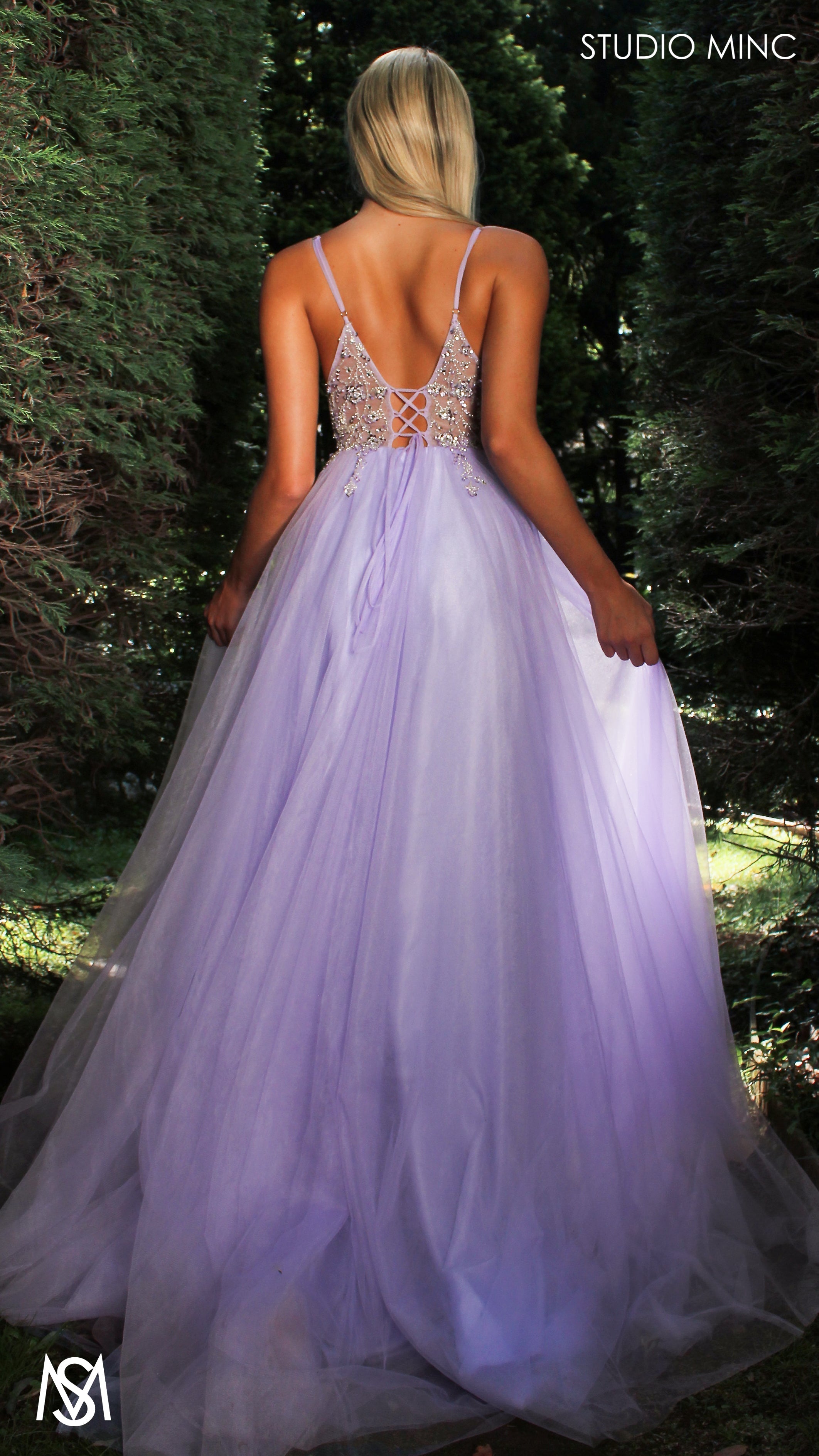 Lila - Lavender Purple Formal dress | Sheer Beaded floral V neckline tulle gown
