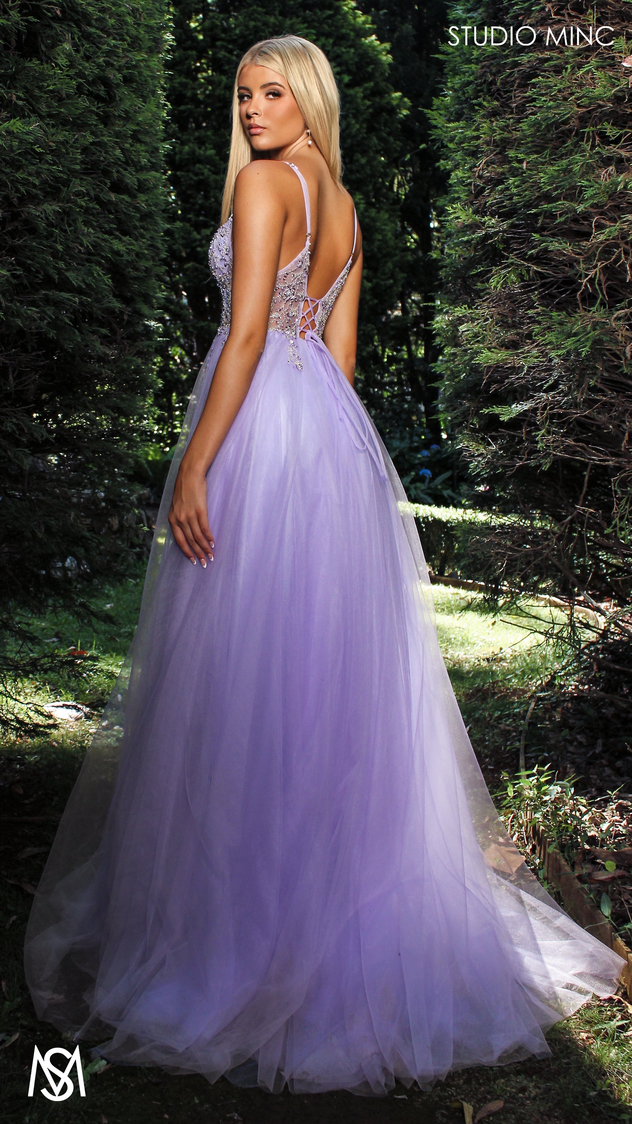 Lila - Lavender Purple Formal dress | Sheer Beaded floral V neckline tulle gown
