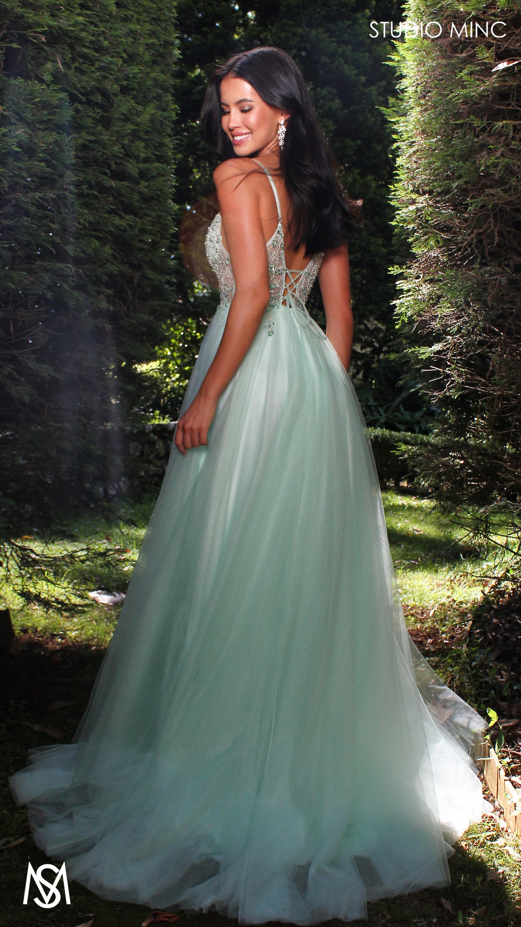Lila - Mint Green Formal dress | Sheer Beaded floral V neckline tulle gown