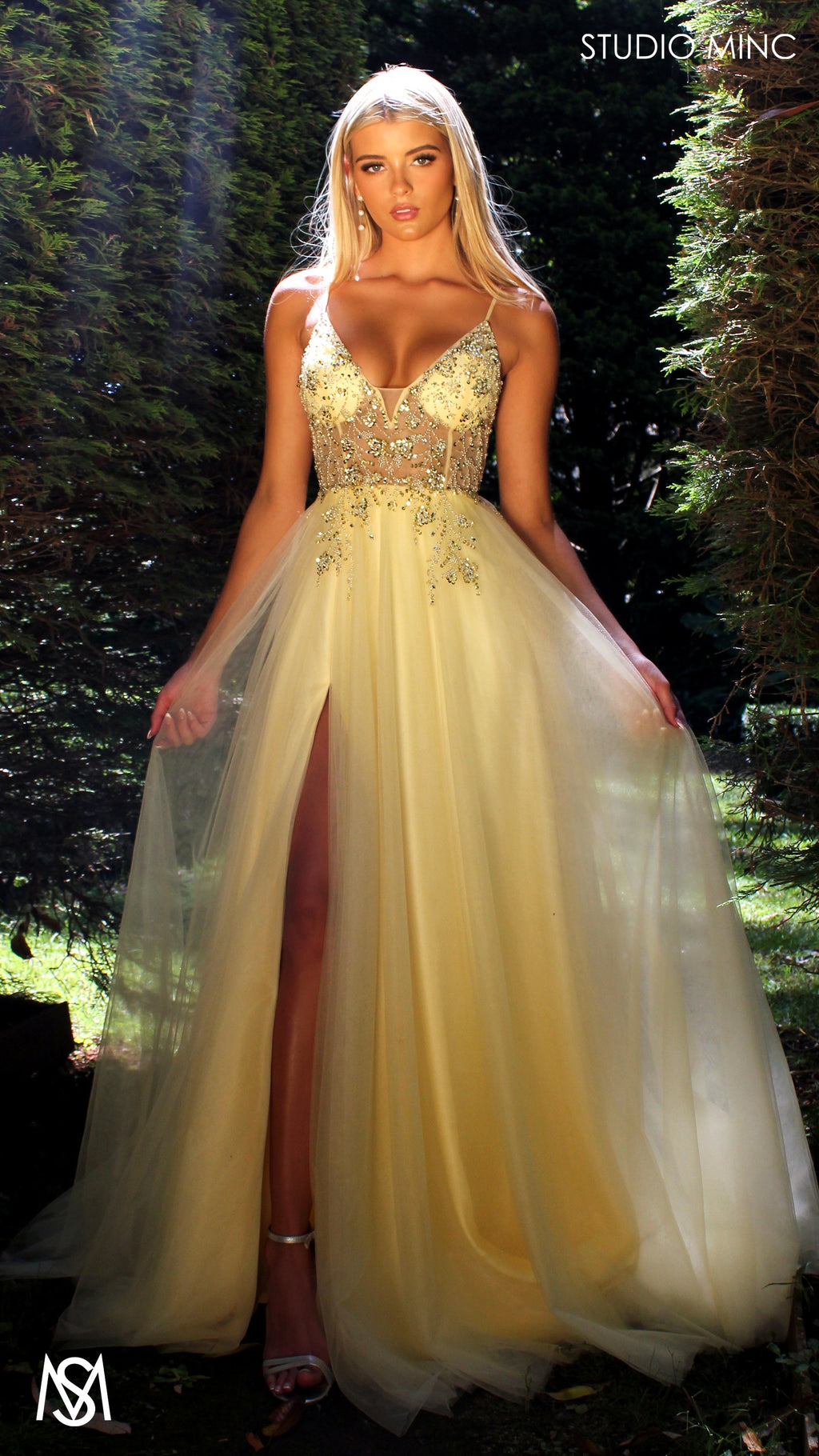 Lila - Light Yellow Formal dress | Sheer Beaded floral V neckline tulle gown