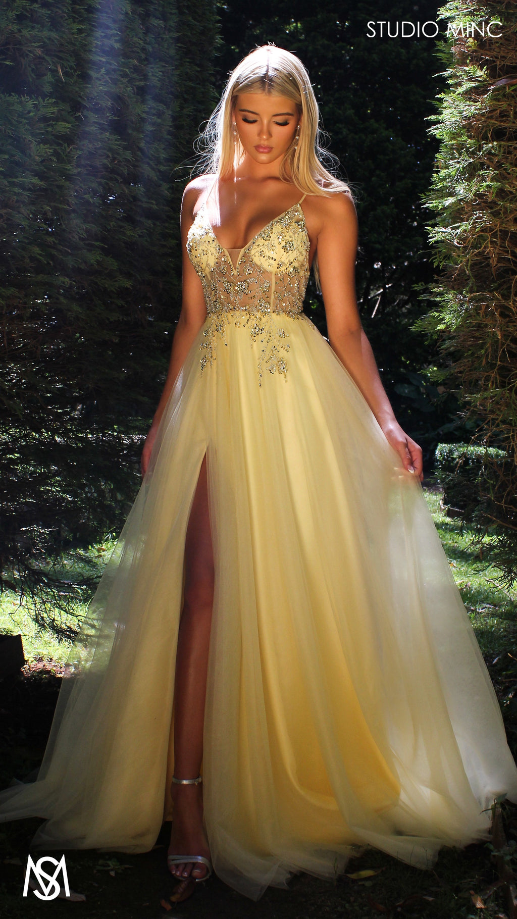 Lila - Light Yellow Formal dress | Sheer Beaded floral V neckline tulle gown