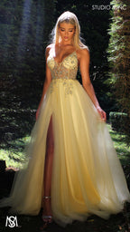 Lila - Light Yellow Formal dress | Sheer Beaded floral V neckline tulle gown