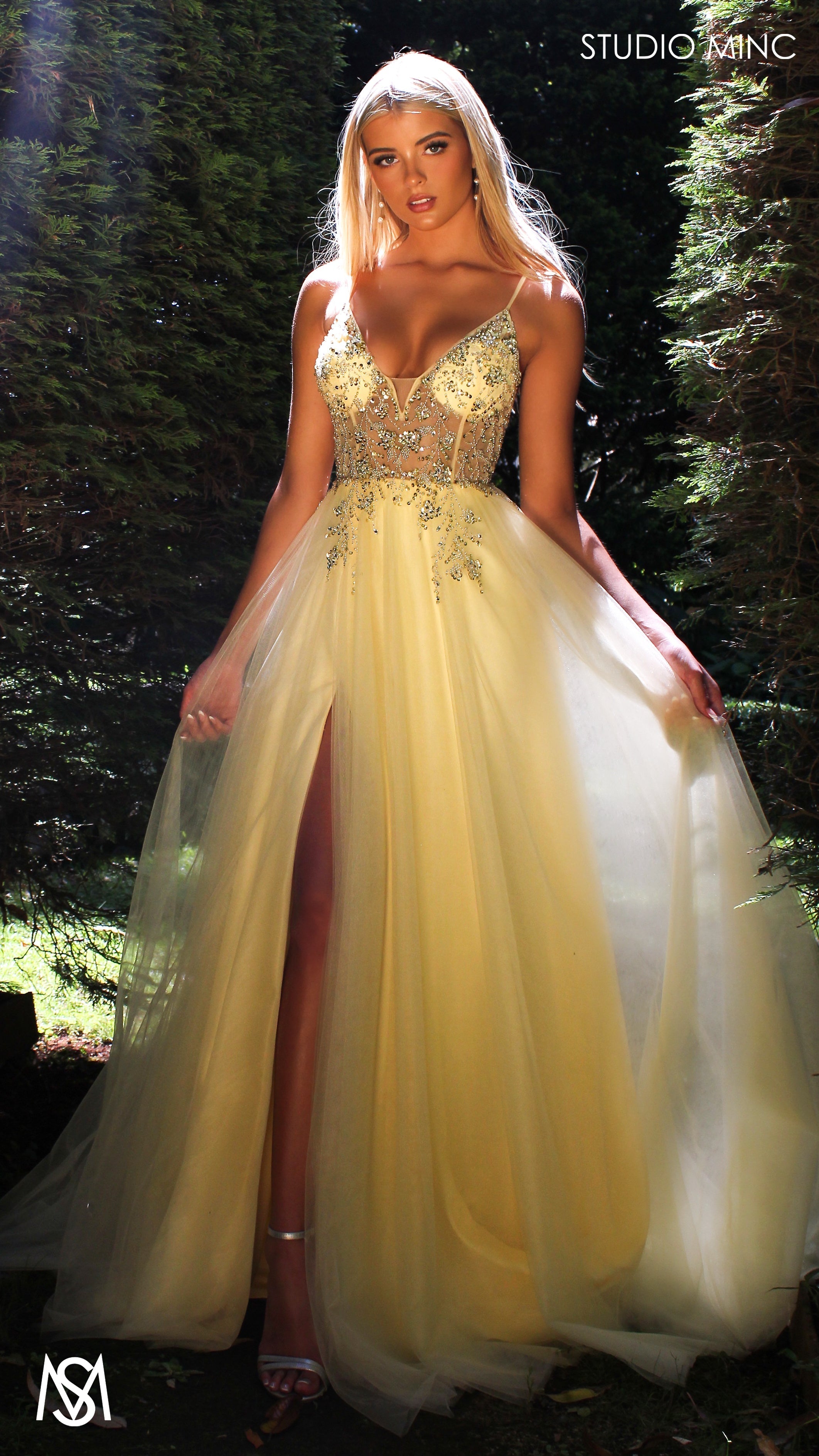 Lila - Light Yellow Formal dress | Sheer Beaded floral V neckline tulle gown