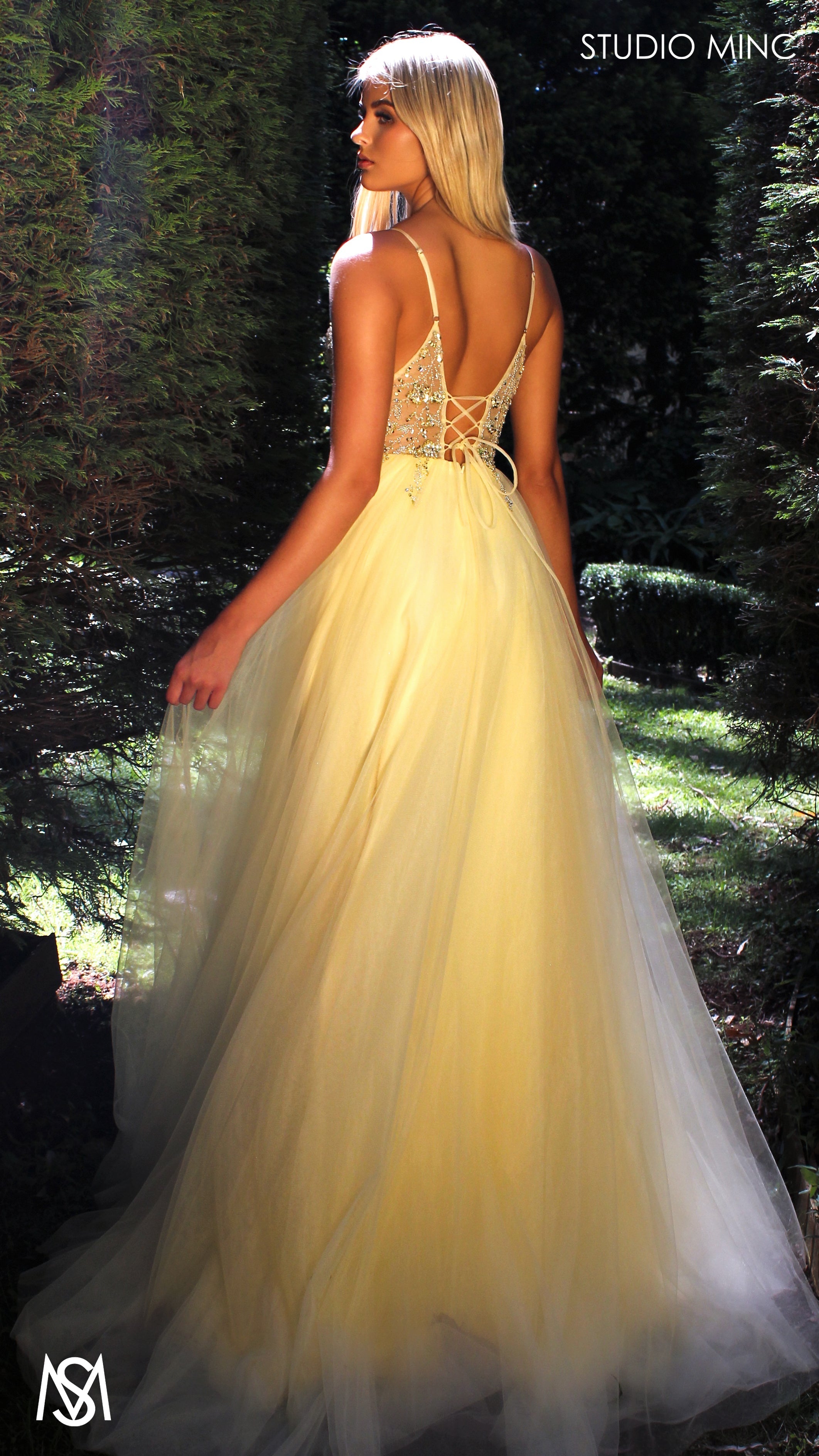 Lila - Light Yellow Formal dress | Sheer Beaded floral V neckline tulle gown