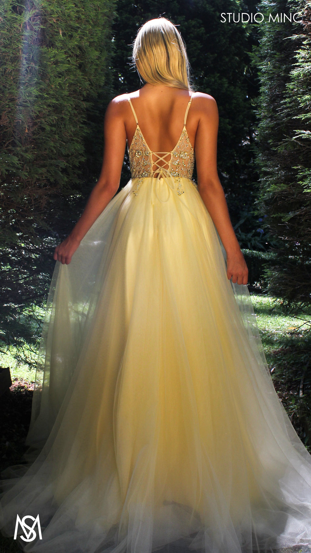 Lila - Light Yellow Formal dress | Sheer Beaded floral V neckline tulle gown