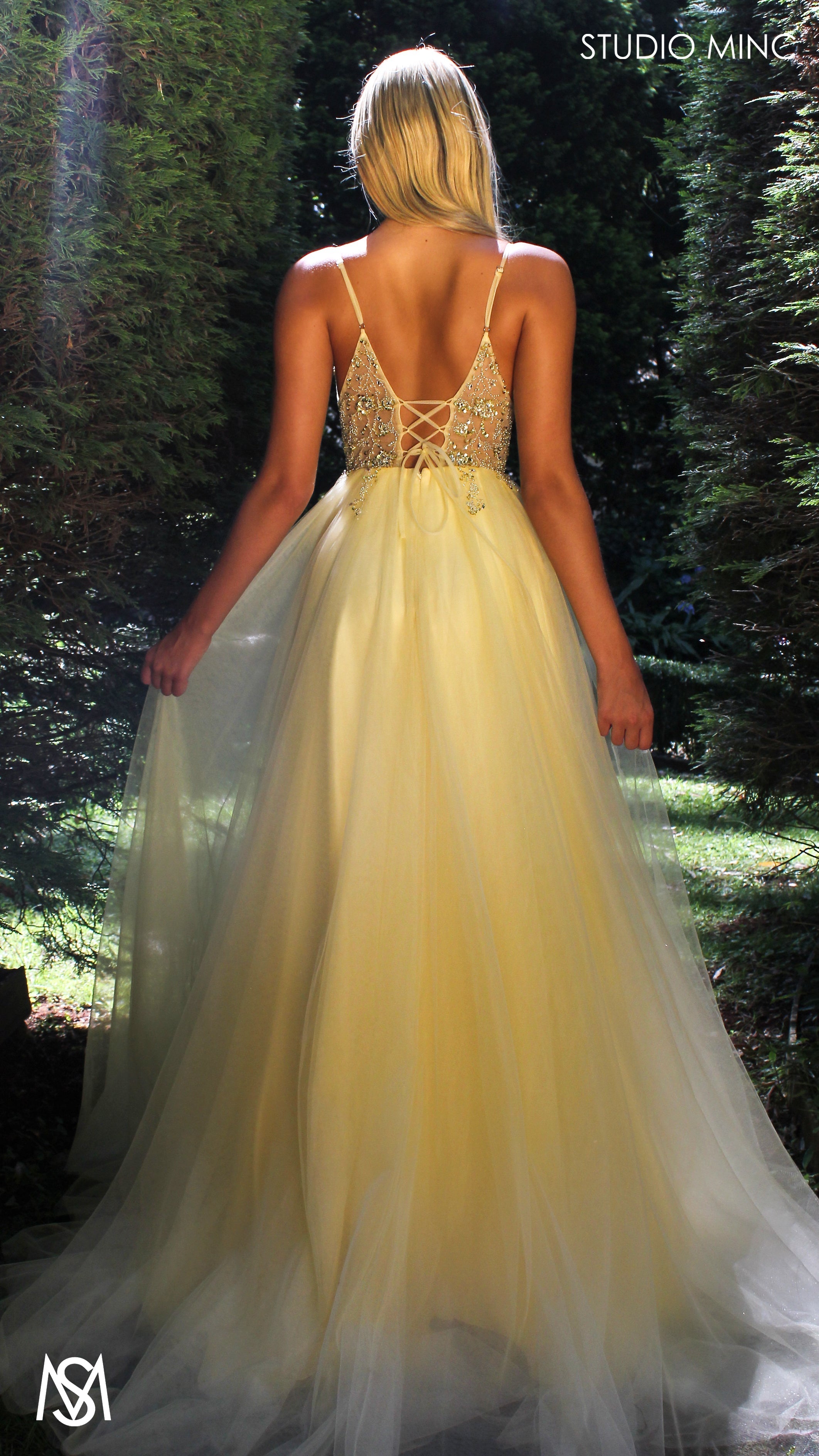 Lila - Light Yellow Formal dress | Sheer Beaded floral V neckline tulle gown