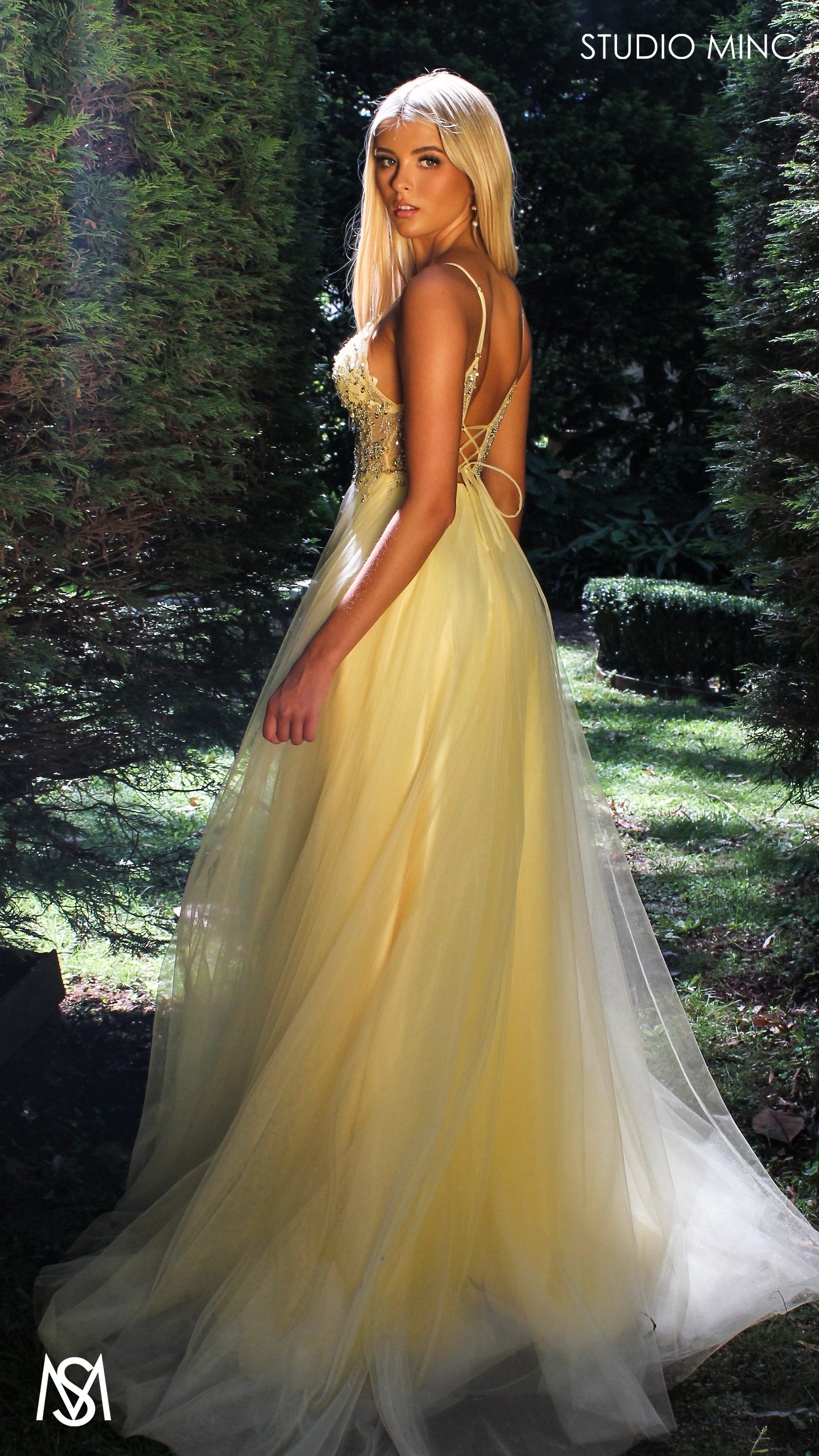 Lila - Light Yellow Formal dress | Sheer Beaded floral V neckline tulle gown