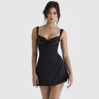 Love at First Sight Black Lace Satin Mini Dress