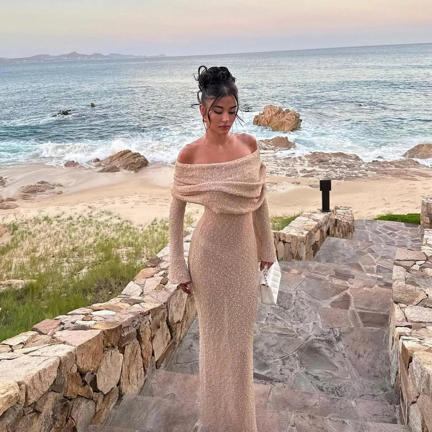 Love Story Champagne Off-Shoulder Maxi Dress