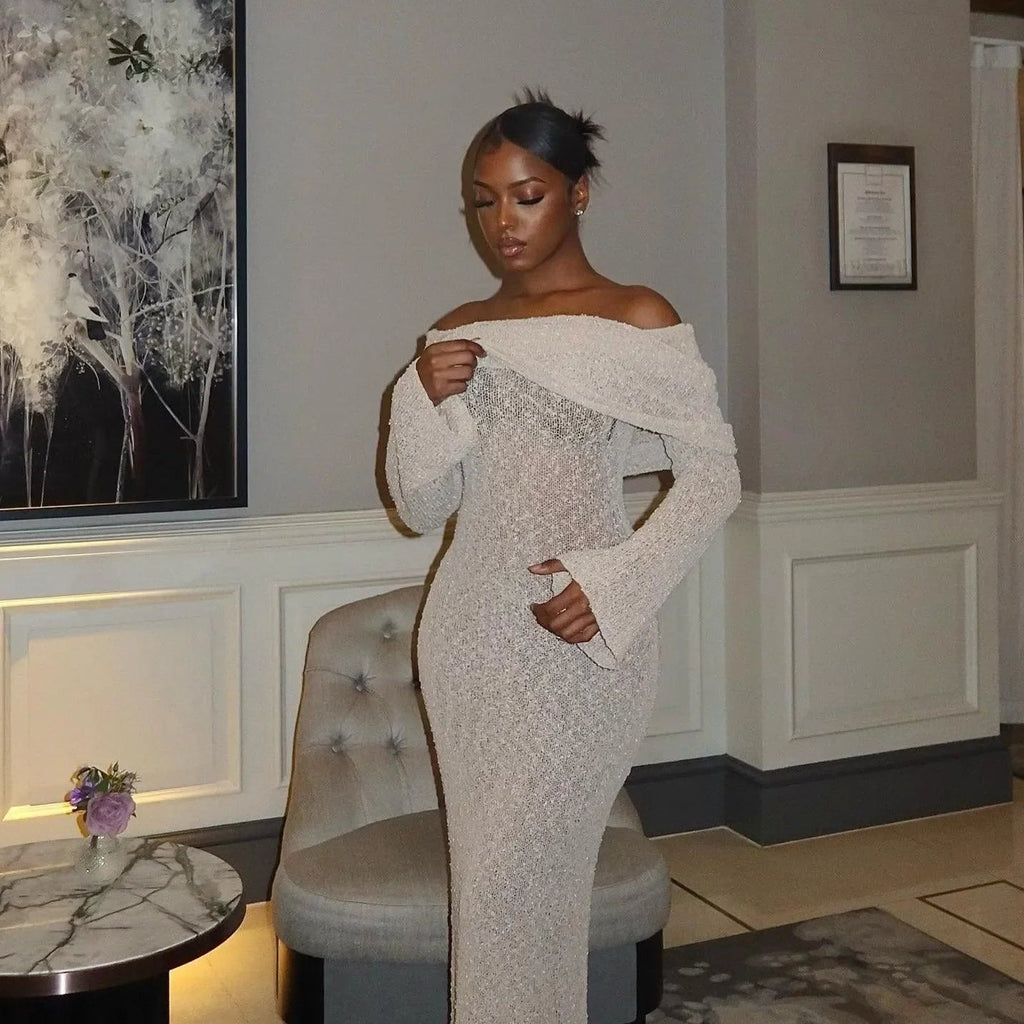 Love Story Champagne Off-Shoulder Maxi Dress