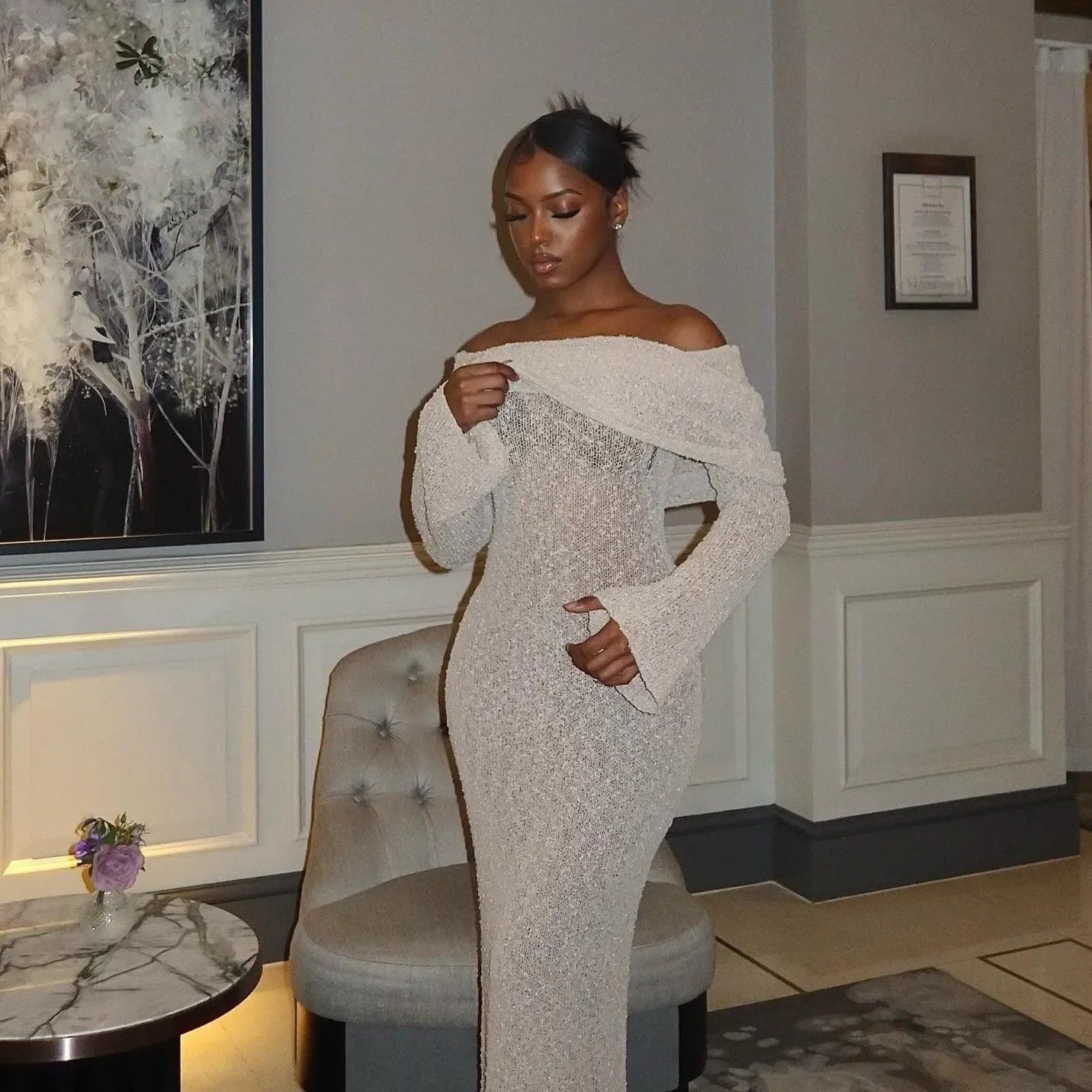 Love Story Champagne Off-Shoulder Maxi Dress