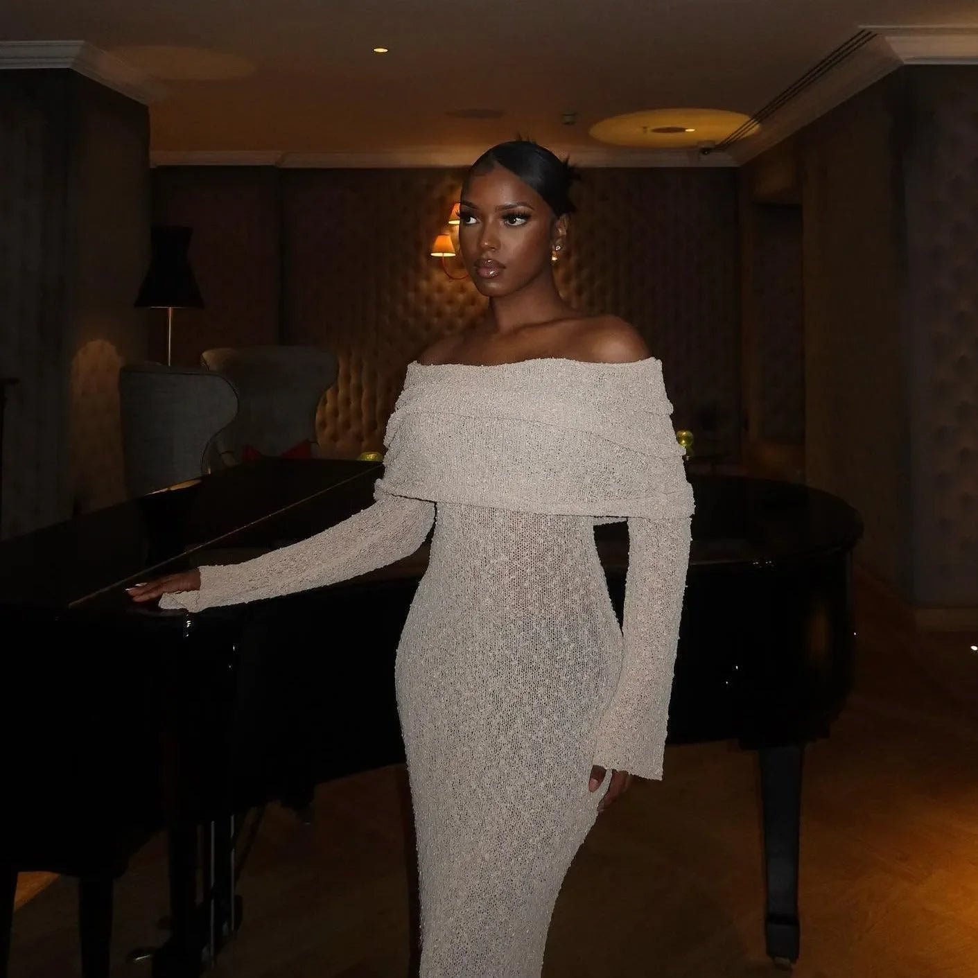 Love Story Champagne Off-Shoulder Maxi Dress
