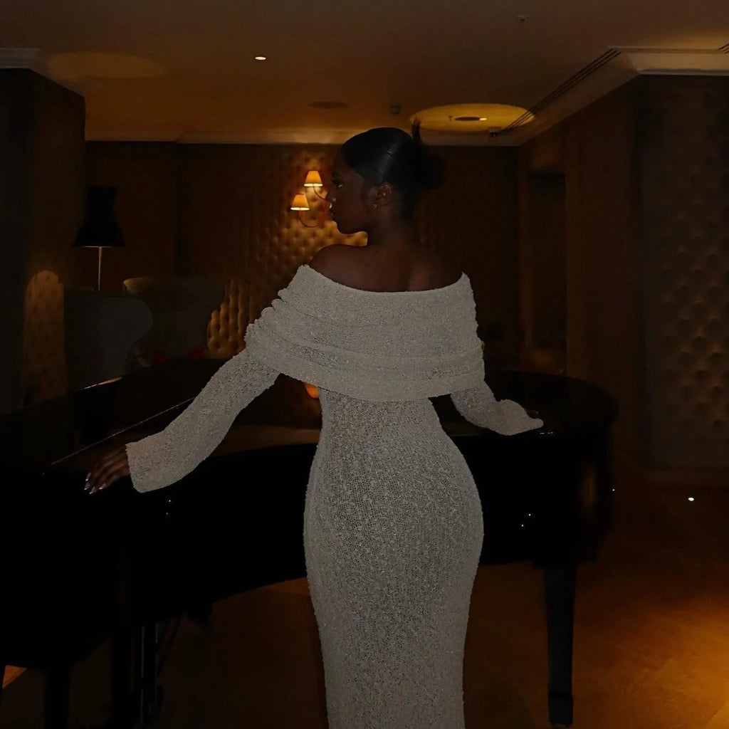Love Story Champagne Off-Shoulder Maxi Dress