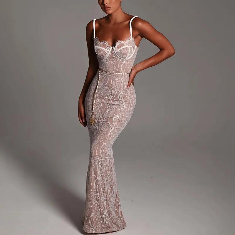 Lovely Lace Backless White Maxi Dress